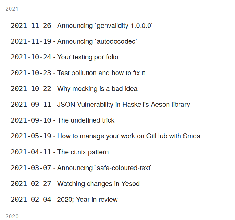 Screenshot of the blogposts I wrote in 2021
