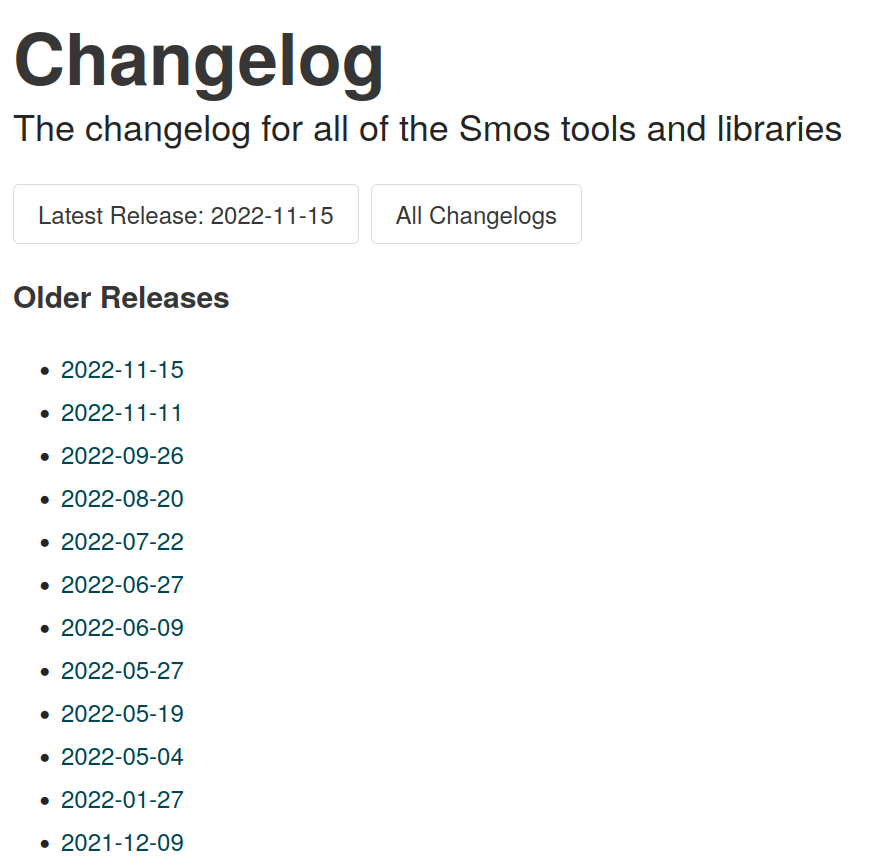 A screenshot of the changelog index on the Smos docs site