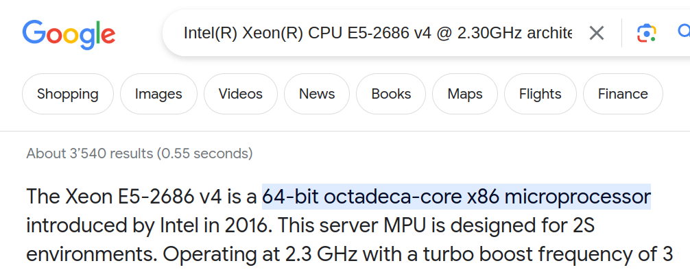 Google results showing that the processor is a 64-bit processor